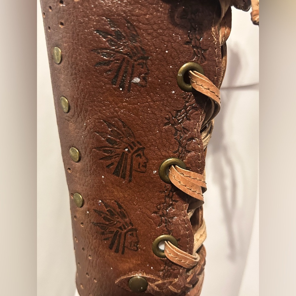 Aztec Handmade Ethnic Hand Stamped Brown Leather Bracer Cosplay Costume Larp - Picture 3 of 7